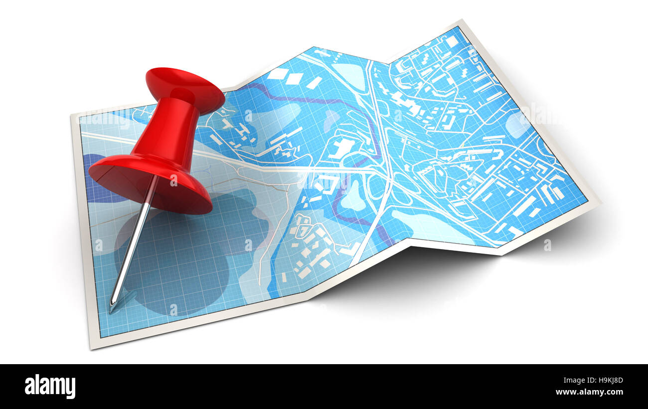 3D Darstellung der Karte und Pin, Navigationssymbol oder Konzept Stockfoto