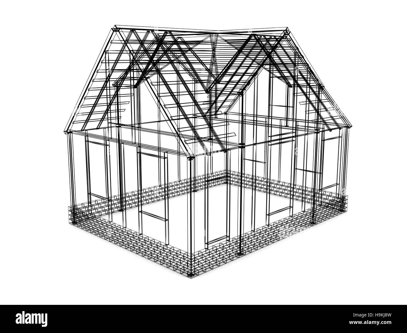 3D-Illustration Fachwerkhaus über weißem Hintergrund skizzieren Stockfoto