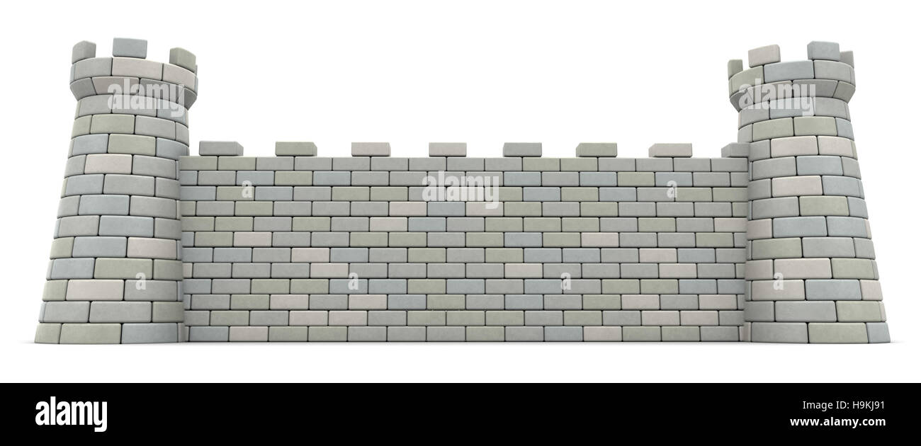 3D Darstellung der Burgmauer auf weißem Hintergrund Stockfoto