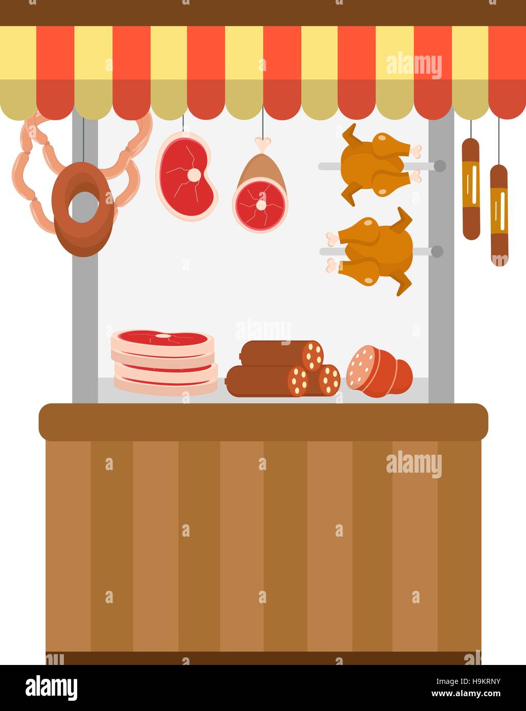 Straße Frischfleisch Shop. Metzgerei, Schaufenster, flachen Stil Symbol.   isoliert auf weißem Hintergrund. Gegen Sie Handel mit Wurst, Hähnchen Sie Grill. Stall zu verkaufen. Vektor-Illustration. Stock Vektor