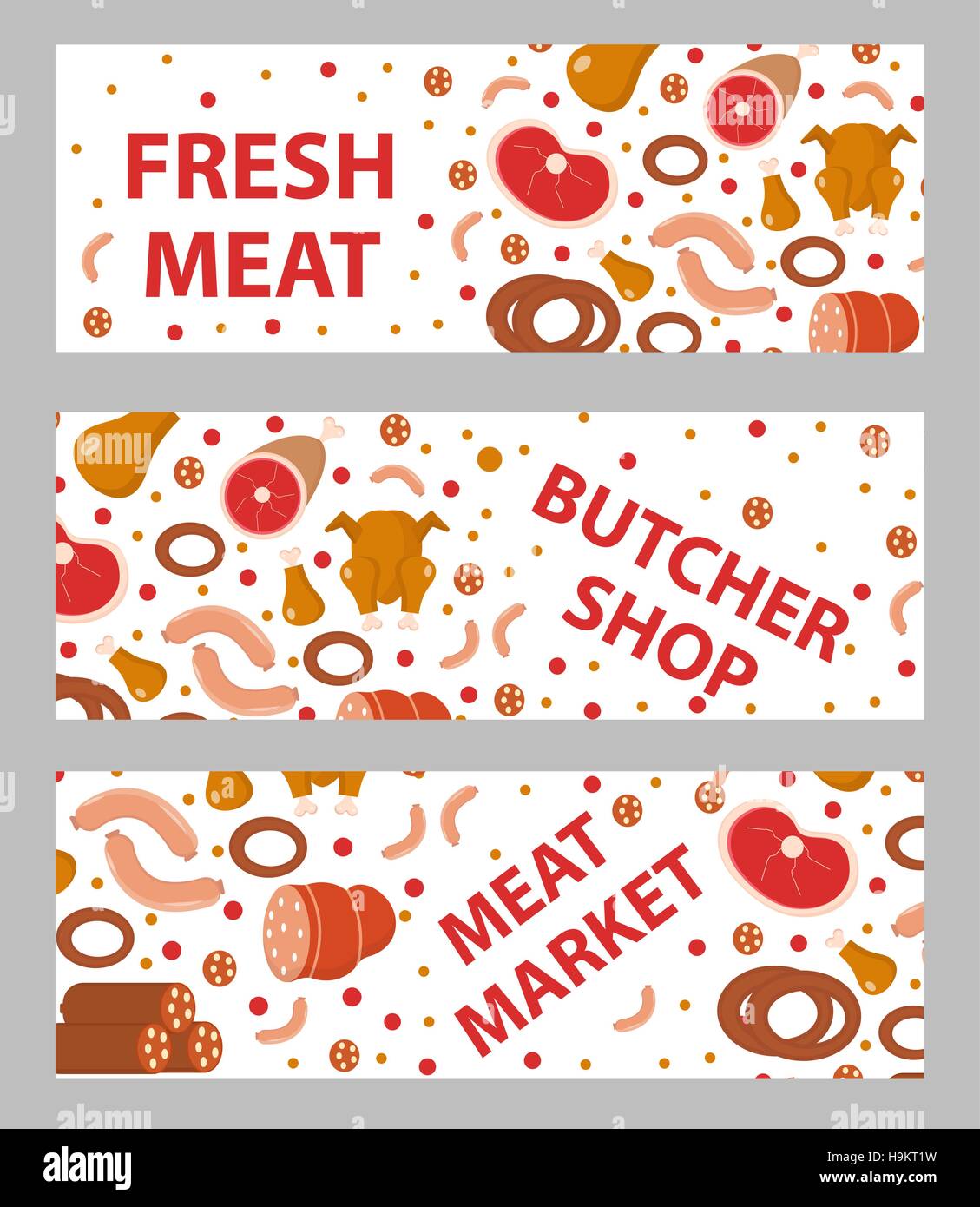 Fleisch- und Wurstwaren banner-Set, flachen Stil. Stock Vektor