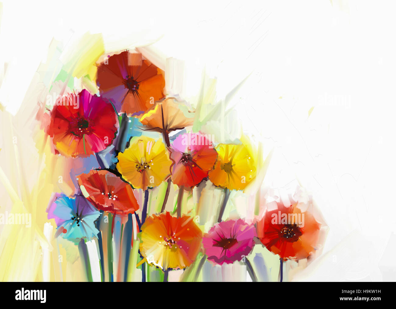 Abstraktes Ölgemälde von Frühlingsblumen. Stillleben mit gelben und roten Gerbera Blumen. Hand Painted floral impressionistischen Stil Stockfoto