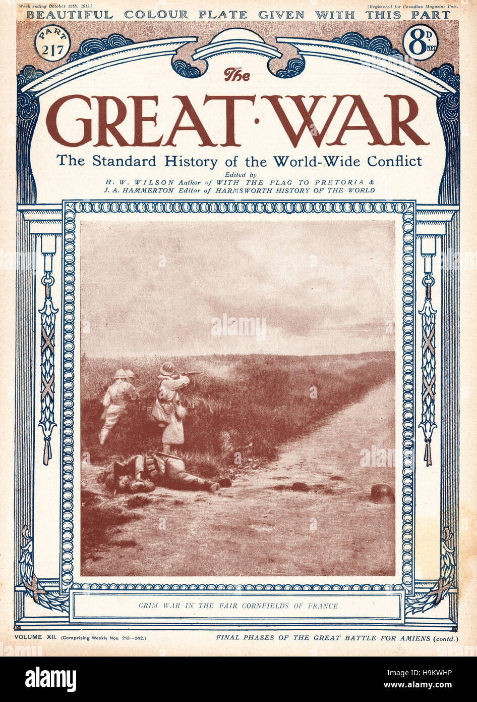 1918 der große Krieg-Titelseite "Grim Krieg in Kornfeldern von Frankreich" Stockfoto