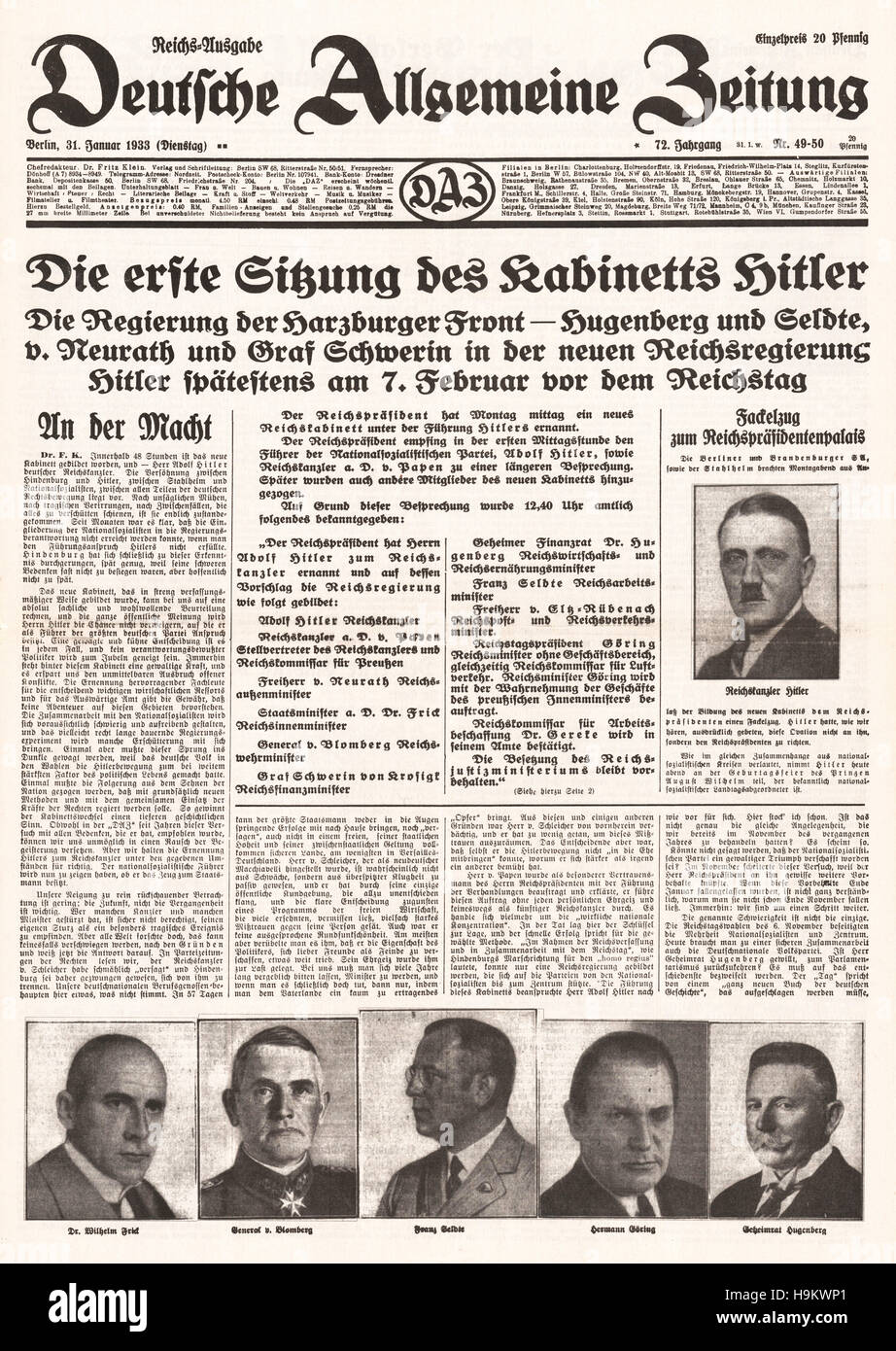 1933 Deutsche Allgemeine Zeitung Titelseite (Deutschland) Adolf Hitler wird Reichskanzler Reichs Stockfoto