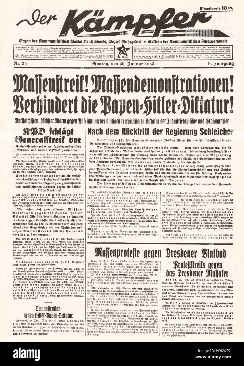 1933 der Kämpfe Titelseite (Deutschland) Adolf Hitler wird Reichskanzler Reichs Stockfoto