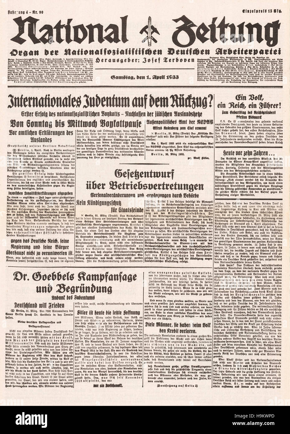 1933 nationale Zeitung Titelseite (Deutschland) "Internationale Judentum auf dem Rückzug?" Stockfoto
