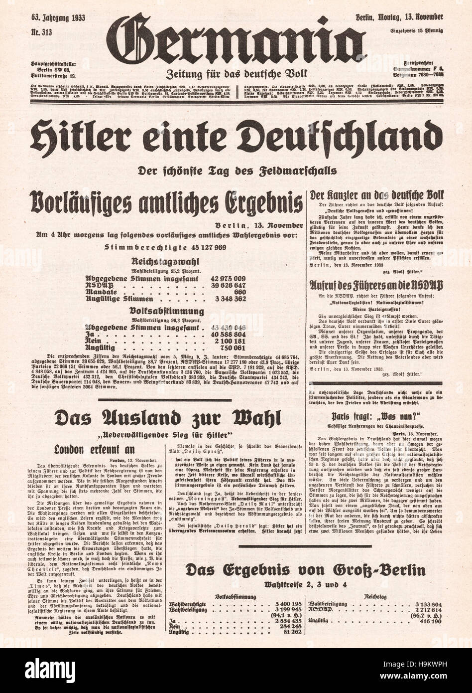 1933 Front Page (Deutschland) Hitler vereint Deutschland nach allgemeinen Wahlen Stockfoto