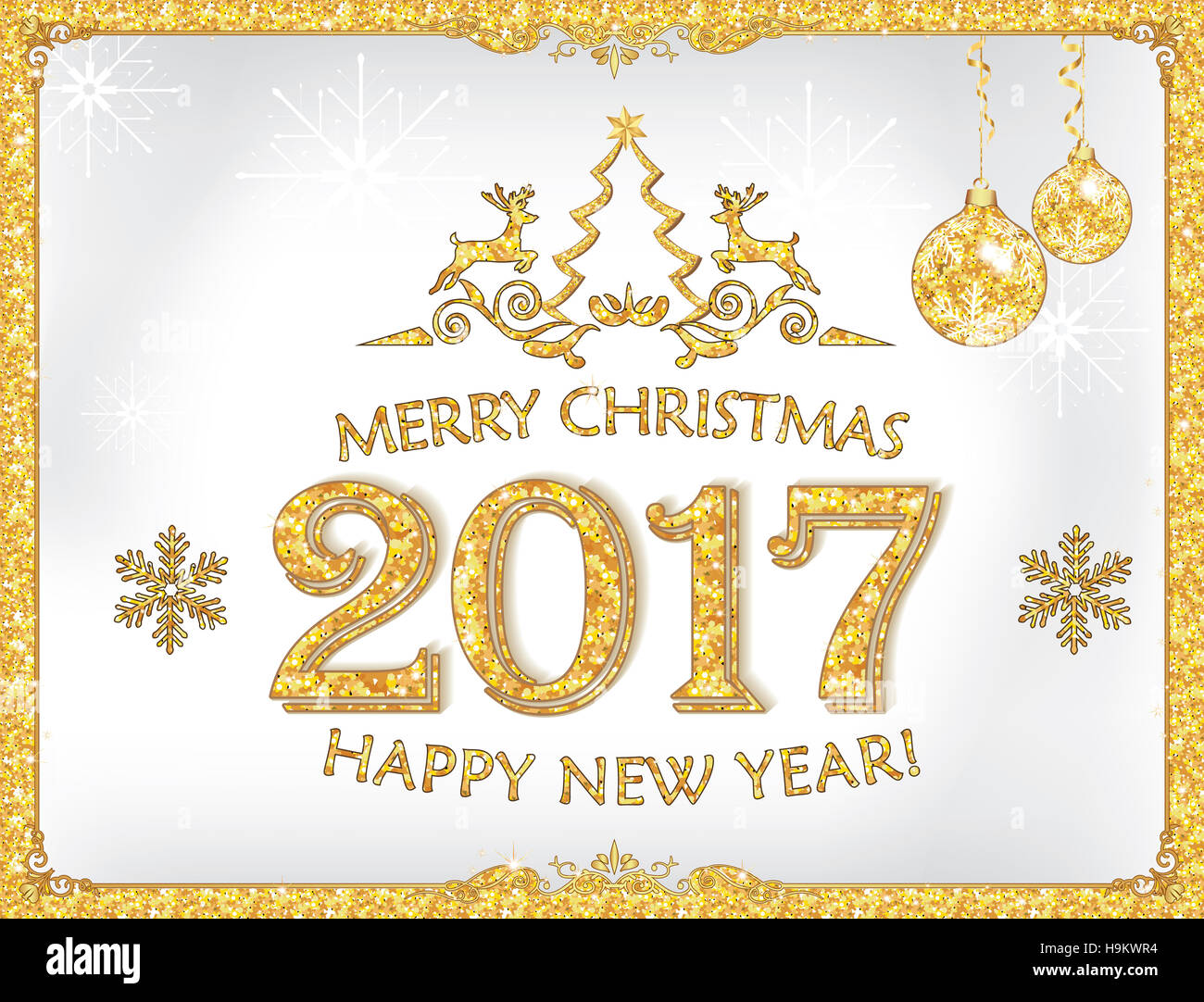 Elegante Grußkarte für 2017 - Weihnachten und Neujahr. Enthält Weihnachtskugeln, Baum, Schneeflocken. Goldglitter Textur, Stockfoto