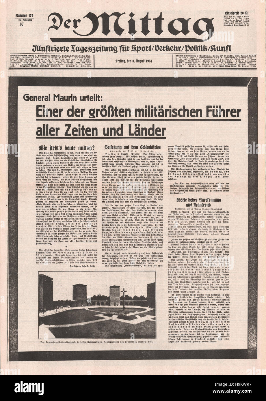 1934 der Mittag Front page (Deutschland) Tod des Präsidenten Paul von Hindenburg Stockfoto