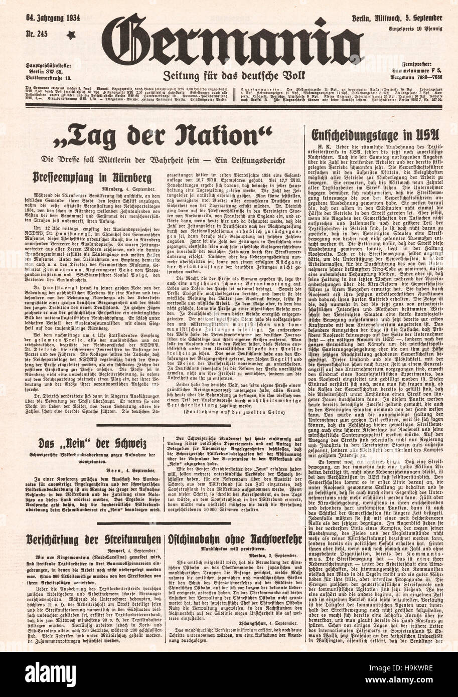 1934 Germania Titelseite Reich-Partei-Tag in Nürnberg Stockfoto
