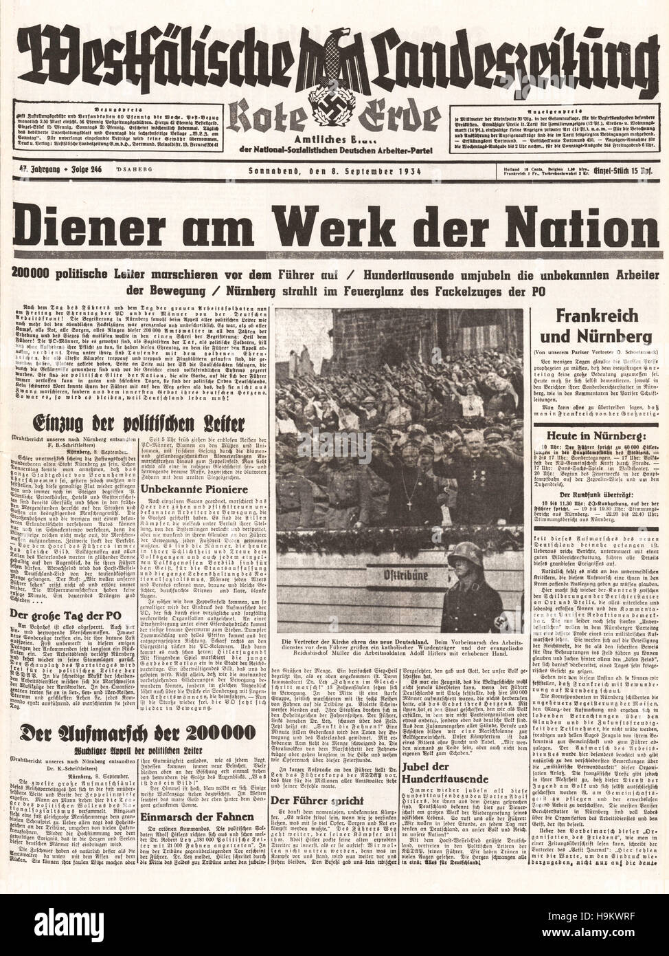 1934 Westfälischer Landeszeitung Front Seite Reich Party Woche in Nürnberg Stockfoto