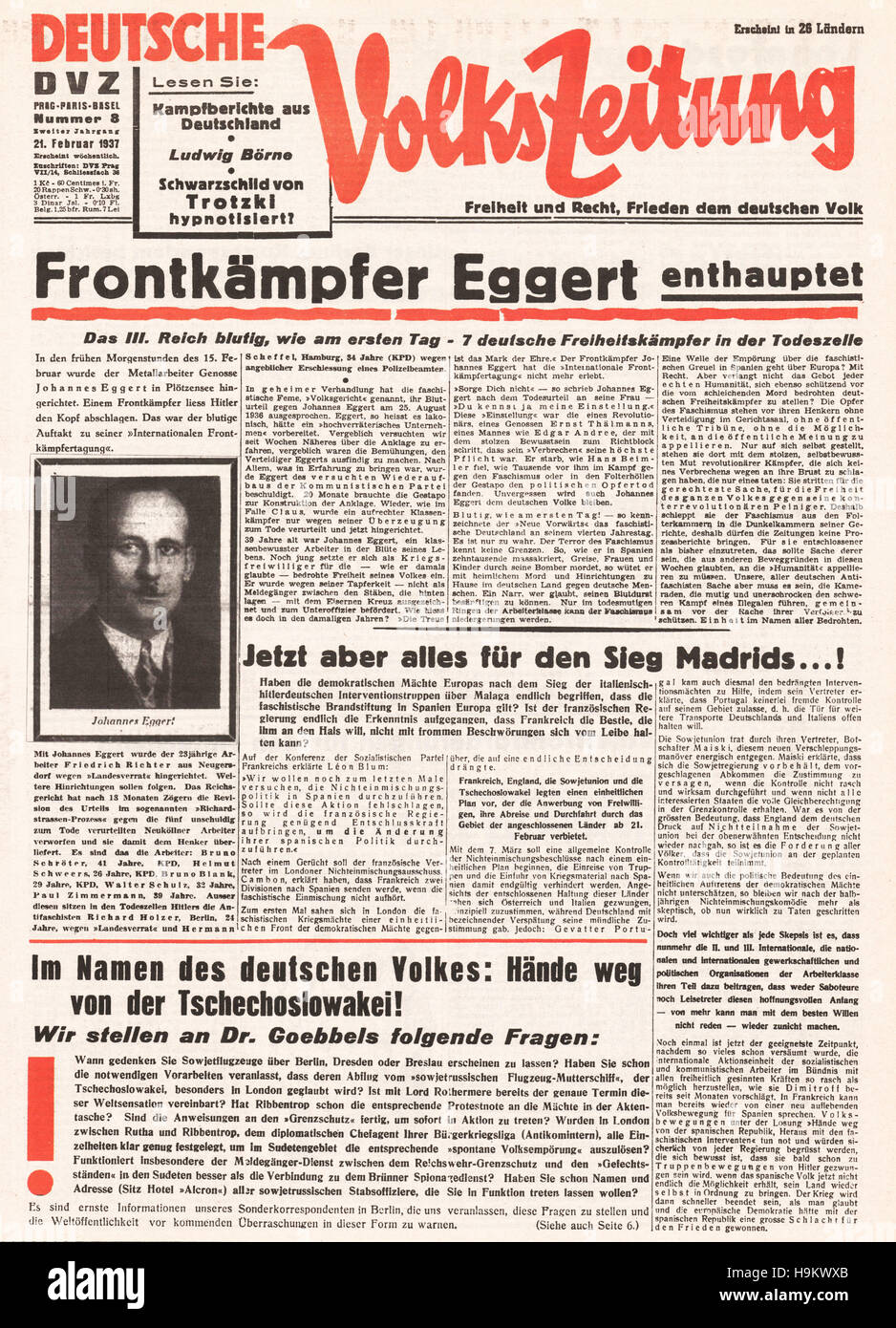 1937-Front page (Deutschland) Ausführung der kommunistischen Propagandist Johannes Eggert Stockfoto