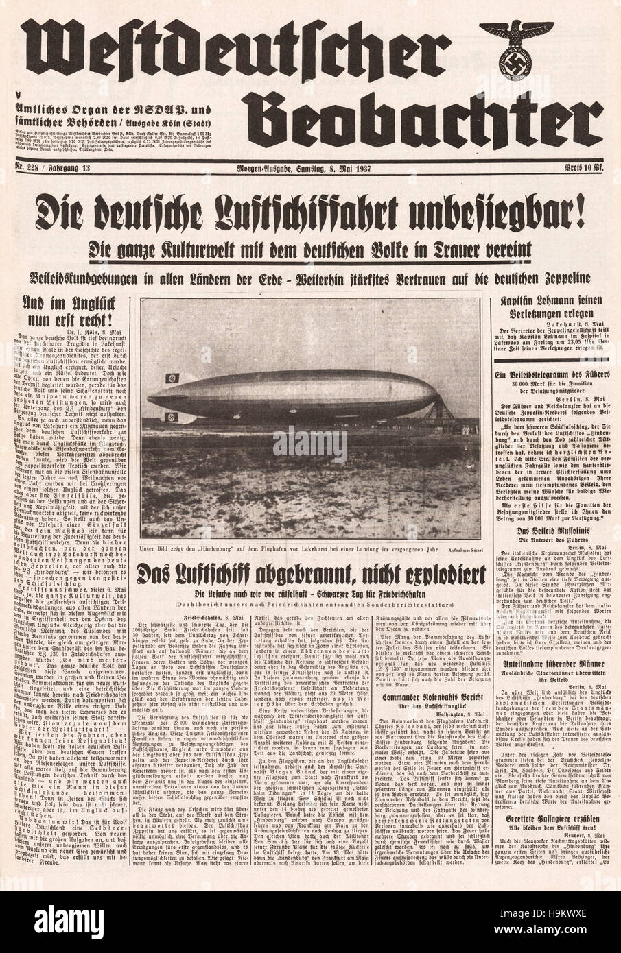 1937 Westdeutscher Beobachter Front Seite Zeppelin Hindenburg-Katastrophe Stockfoto