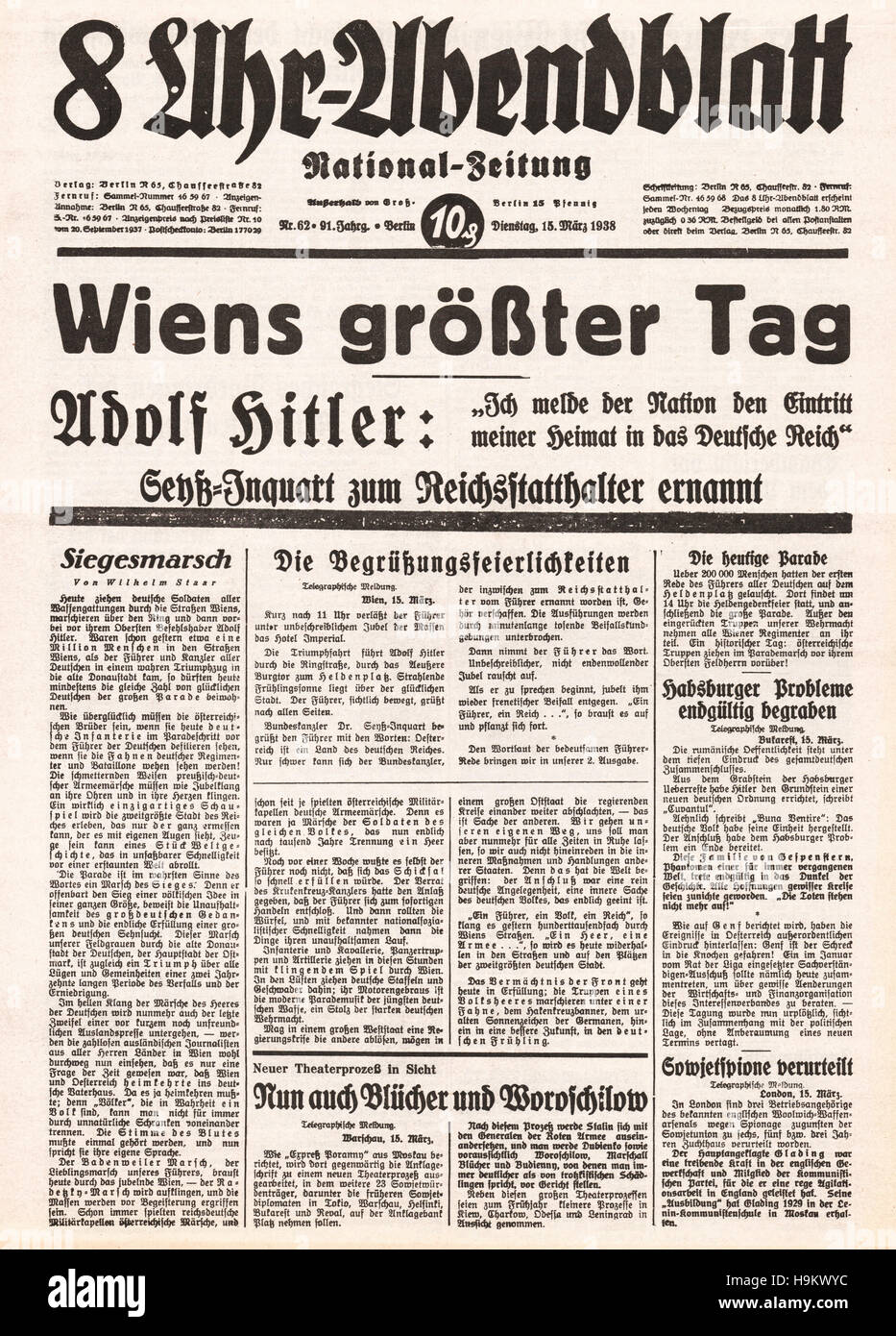 1938 nationale Zeitung Front page (Deutschland) Annexion von Österreich Stockfoto