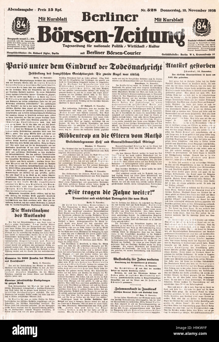 1938 Berliner Börsen Zeitung Titelseite Kristallnacht Stockfoto