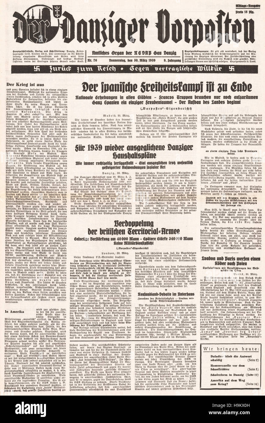 1939 Danziger Vortposten (Deutschland) Titelseite Ende des spanischen Bürgerkriegs Stockfoto