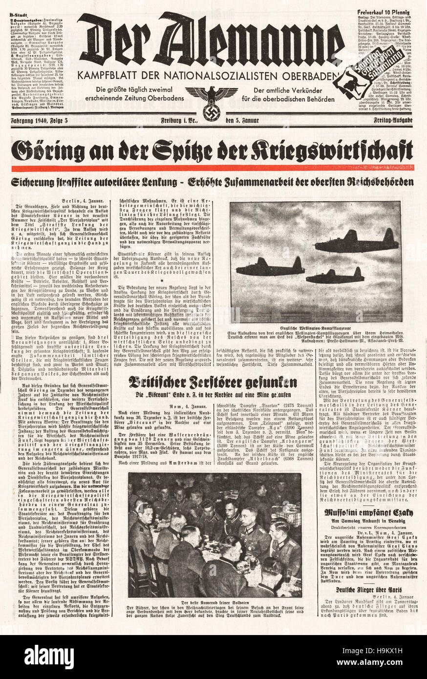 1940 der Alemanne (Deutschland) Front Seite Göring verantwortlich für Kriegswirtschaft Stockfoto