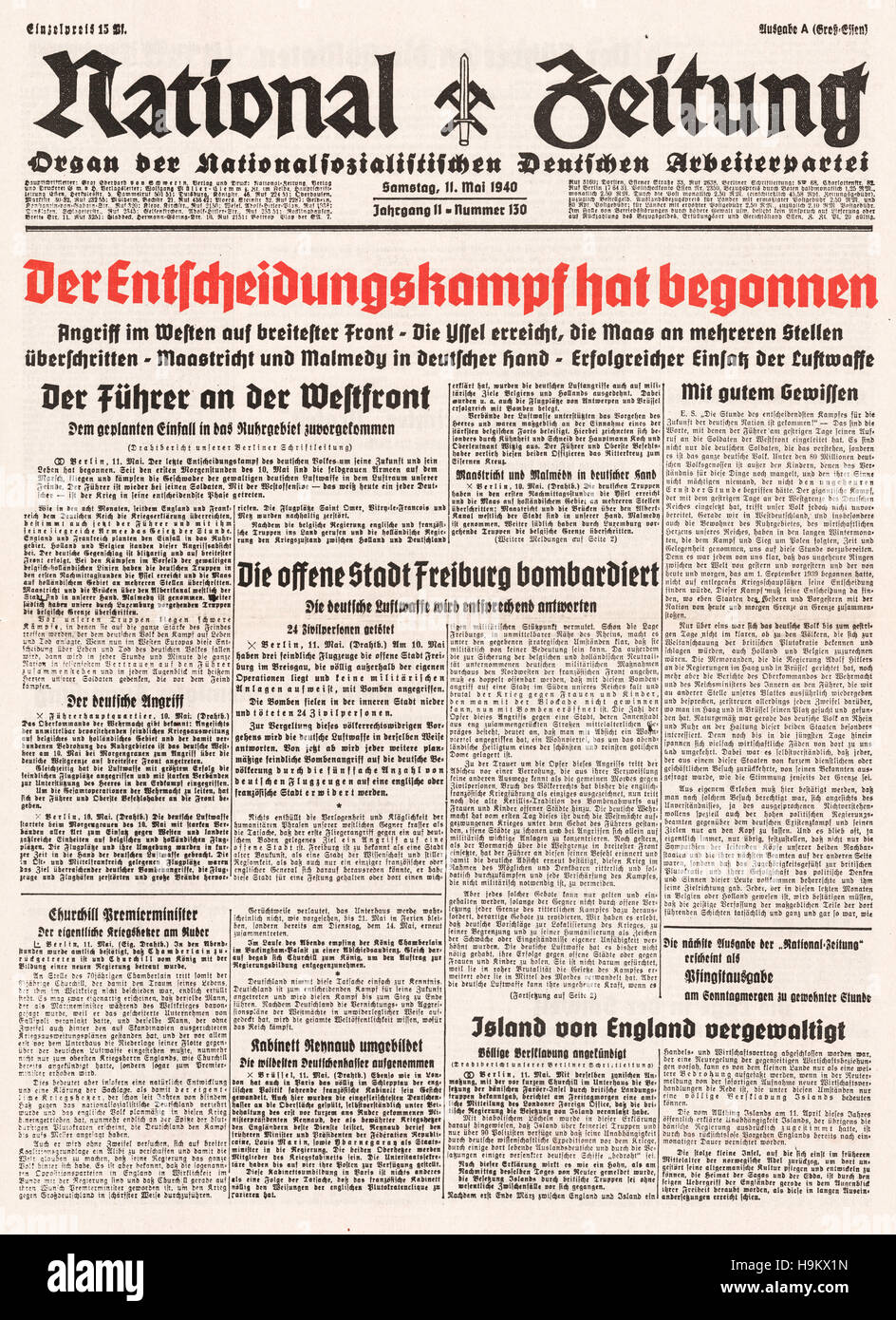1940 nationalen Zeitung Titelseite Abend Standard Deutsch Armee dringen in Frankreich, Holland, Belgien und Luxemburg Stockfoto
