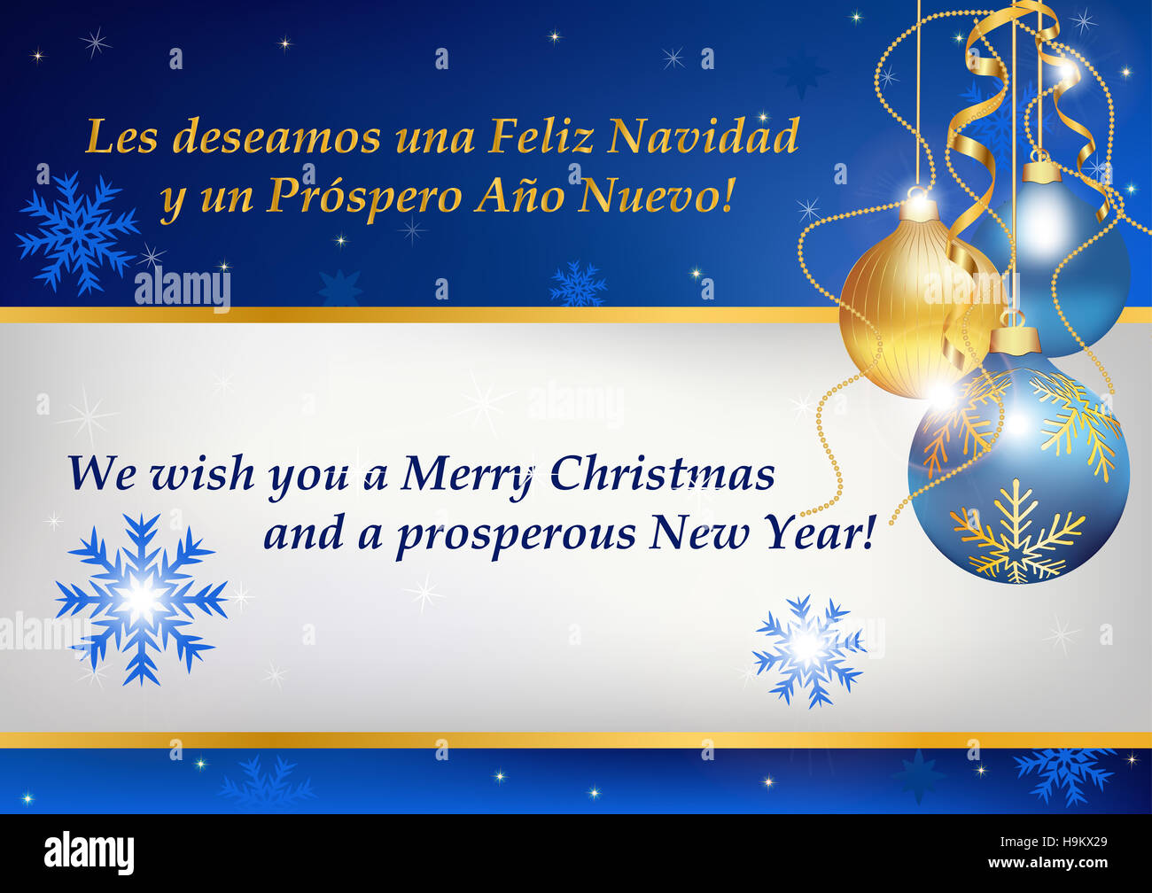 Business-Weihnachten und Neujahr Grußkarte in zwei Sprachen: Spanisch und Englisch. Enthält Schneeflocken und Weihnachtskugeln. Stockfoto
