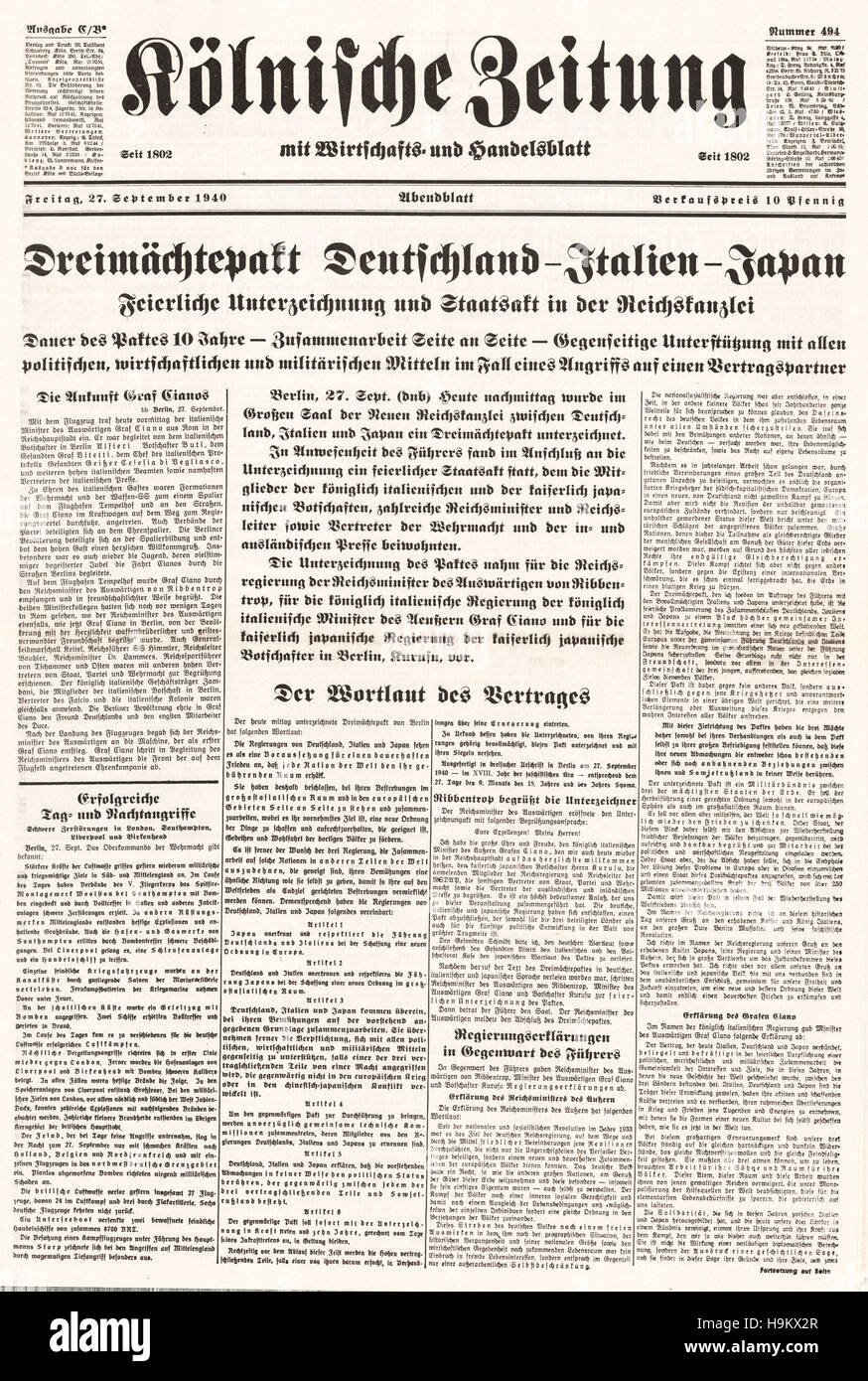 1940 Kolnischer Zeitung Front page (Deutschland), Italien und Japan den Dreimächtepakt unterzeichnet Stockfoto