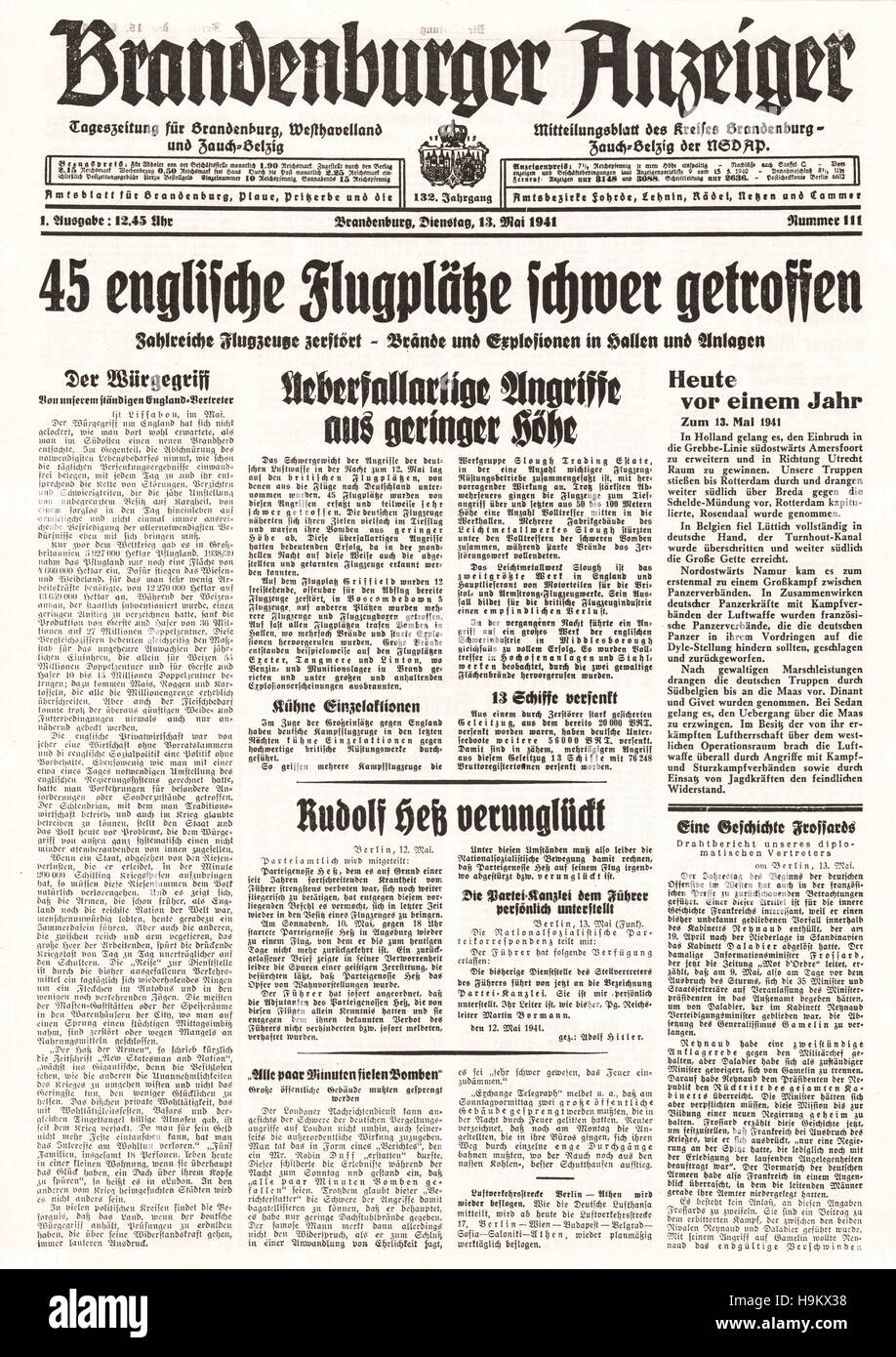 1941 Brandenburger Anzeiger Titelseite Hitlers Stellvertreter Rudolf Hess Dateien nach Großbritannien Stockfoto