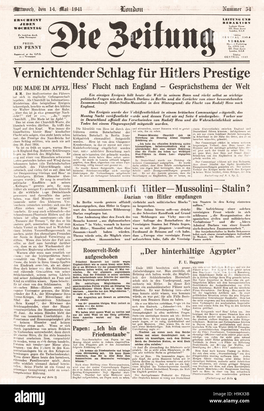 1941 die Zeitung Titelseite Hitlers Stellvertreter Rudolf Hess Dateien nach Großbritannien Stockfoto