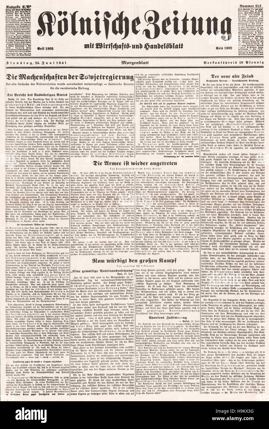 1941 Kölnischer Zeitung Titelseite Nazideutschland dringt in die Sowjetunion Stockfoto