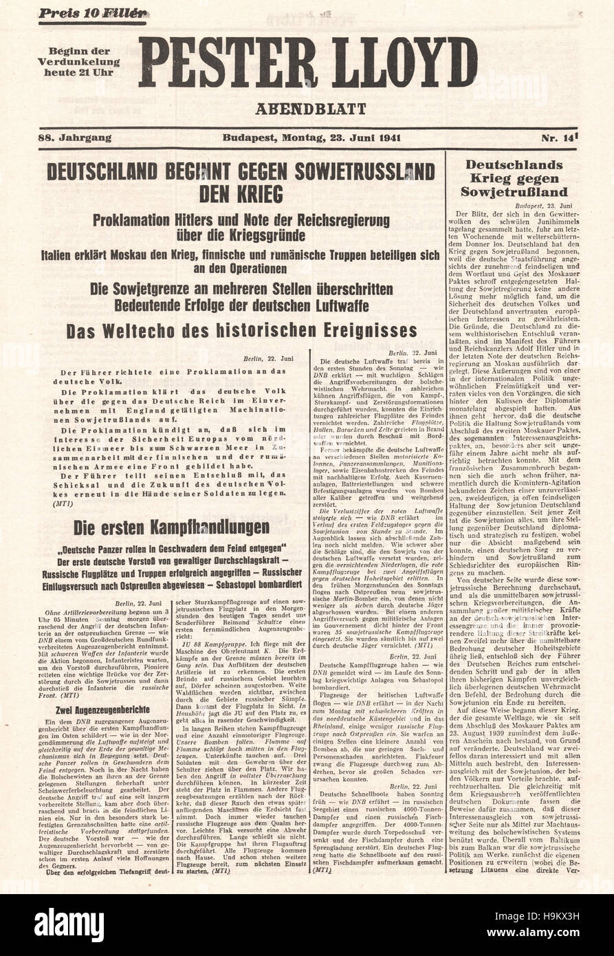 1941 dringt in pester Lloyd (Ungarn) Titelseite Nazi-Deutschland, Sowjetunion Stockfoto