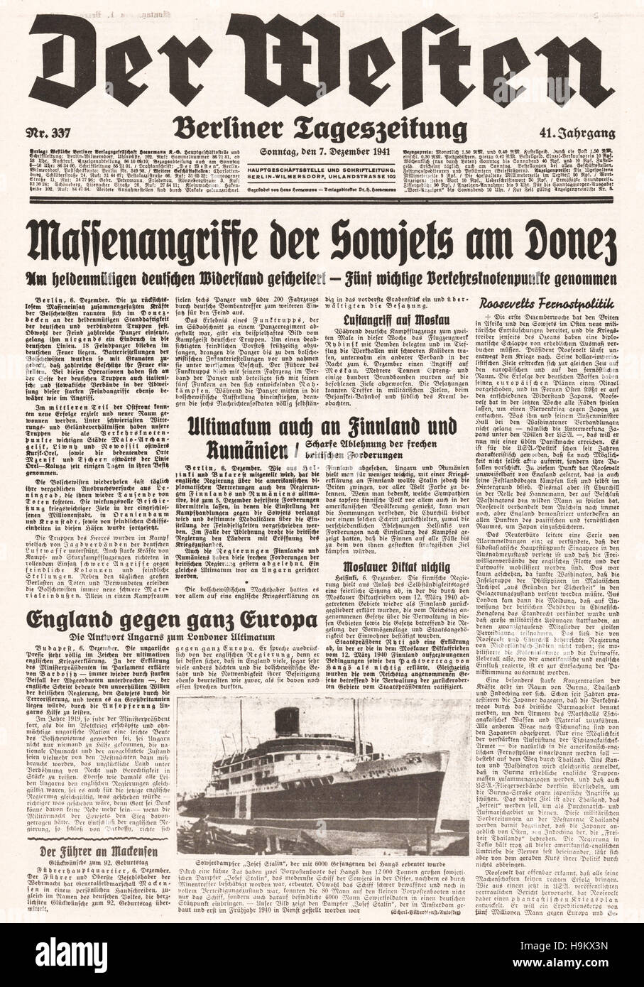 1941 der Westen Titelseite (Deutschland) sowjetischen Angriff auf Fussballmanschaften Stockfoto