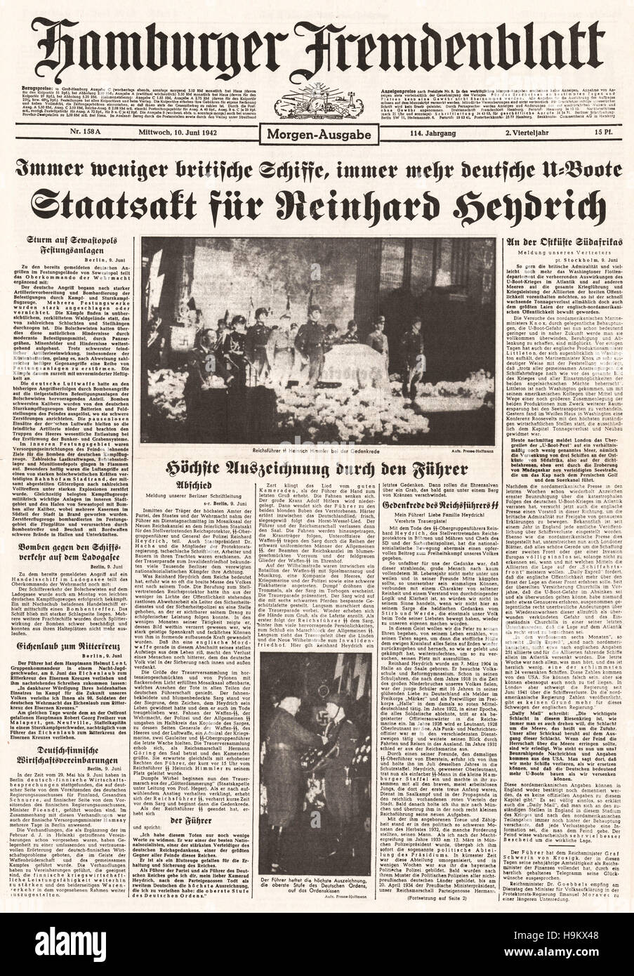 1942 Hamburger Fremdenblatt (Deutschland) Titelseite Beerdigung von Reinhard Heydrich Stockfoto