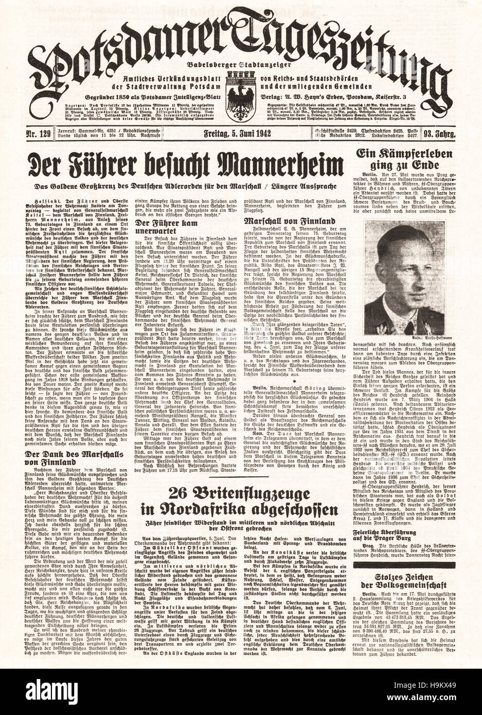 1942 Potsdamer Zeitung (Deutschland) Titelseite Tod von Reinhard Heydrich Stockfoto