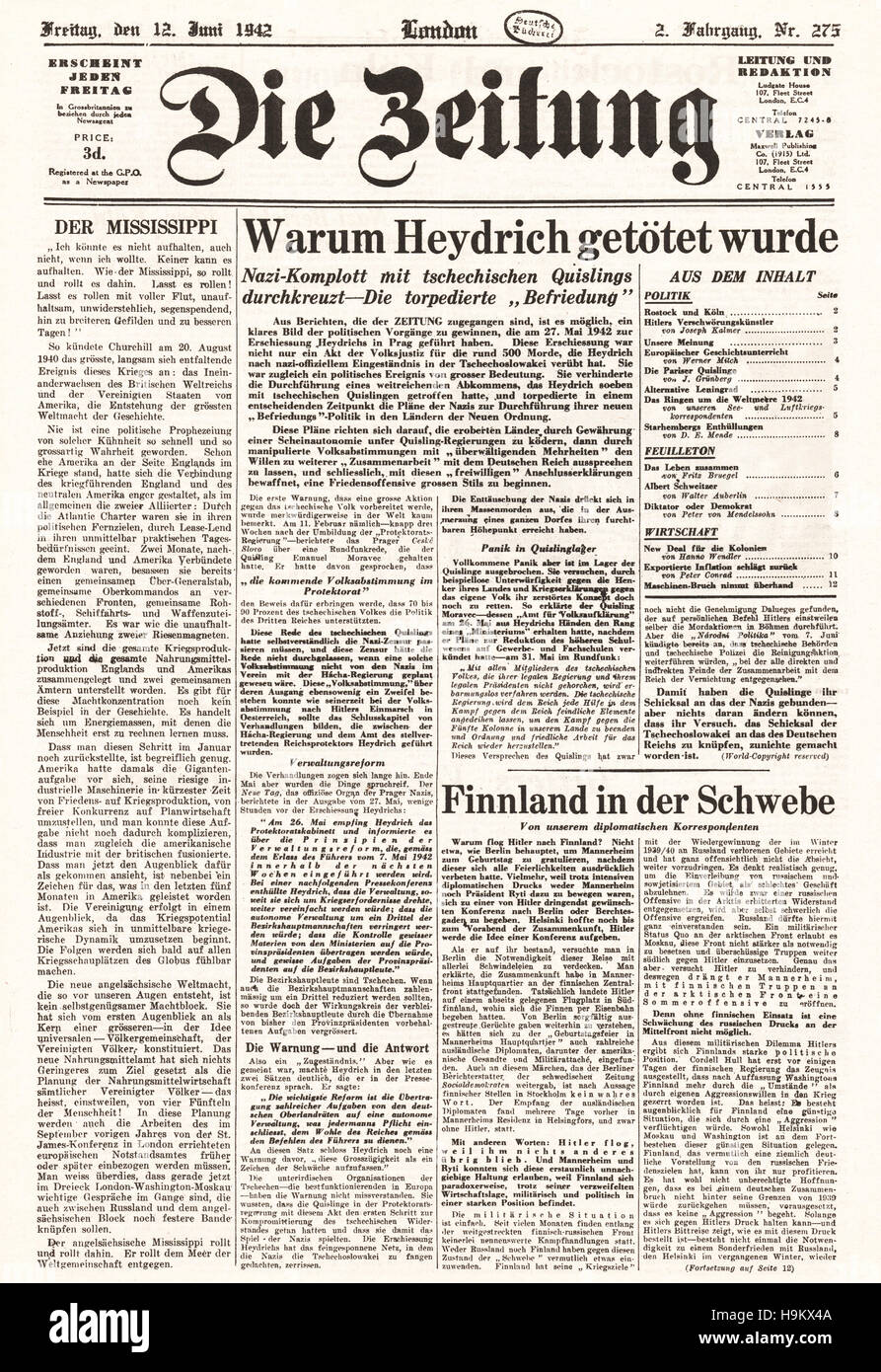 1942 Zeitung (Deutschland) vordere Seite Tod von rheinhard Heydrich Sterben Stockfoto