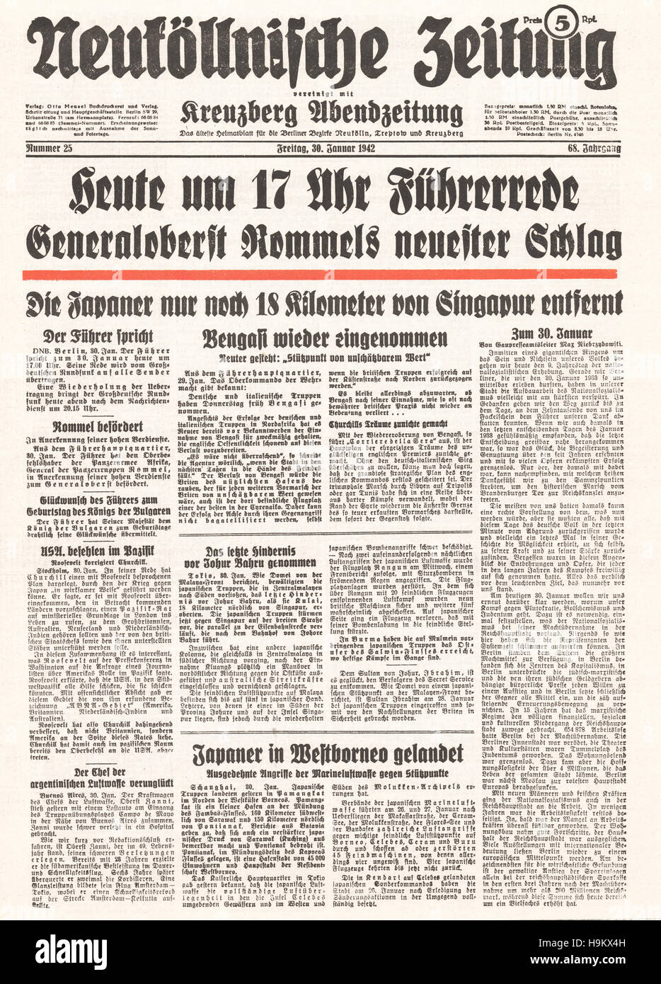 1942 Neuköllnischer Zeitung (Deutschland) Titelseite Fortschritte Rommel in Nordafrika Stockfoto