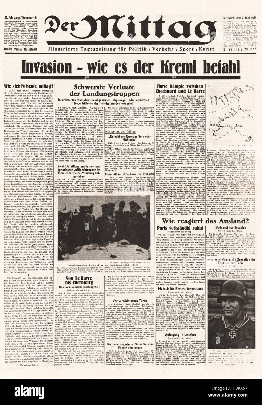 1944 der Mittag (Deutschland) Titelseite Berichterstattung der d-Day Landungen in der Normandie, Frankreich Stockfoto