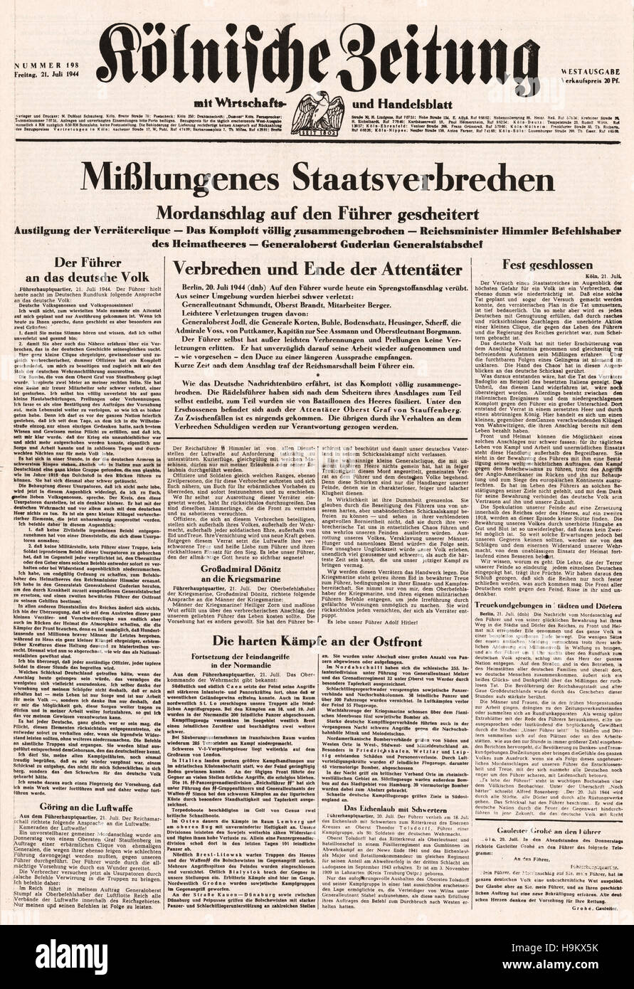 1944 Kölnischen Zeitung Titelseite Berichterstattung des Attentats auf Adolf Hitler Stockfoto