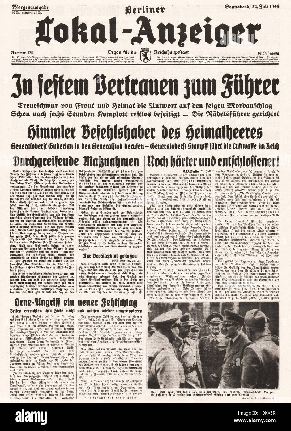 1944 Lokal Anzeiger Titelseite Berichterstattung des Attentats auf Adolf Hitler Stockfoto