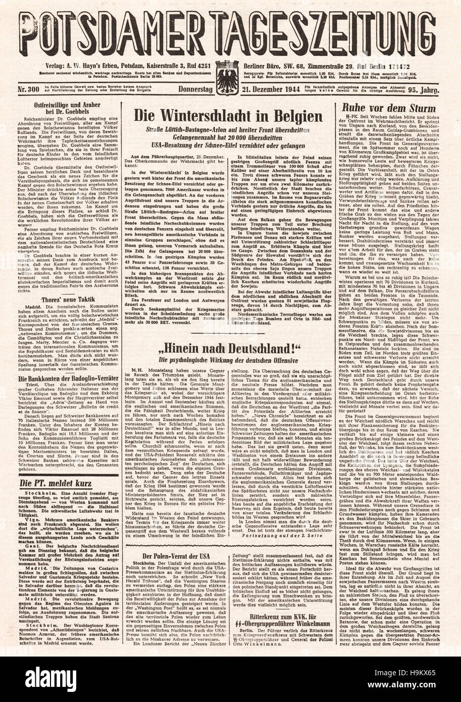 1944 Potsdamer Zeitung (Deutschland) Titelseite der Ardennenoffensive Stockfoto