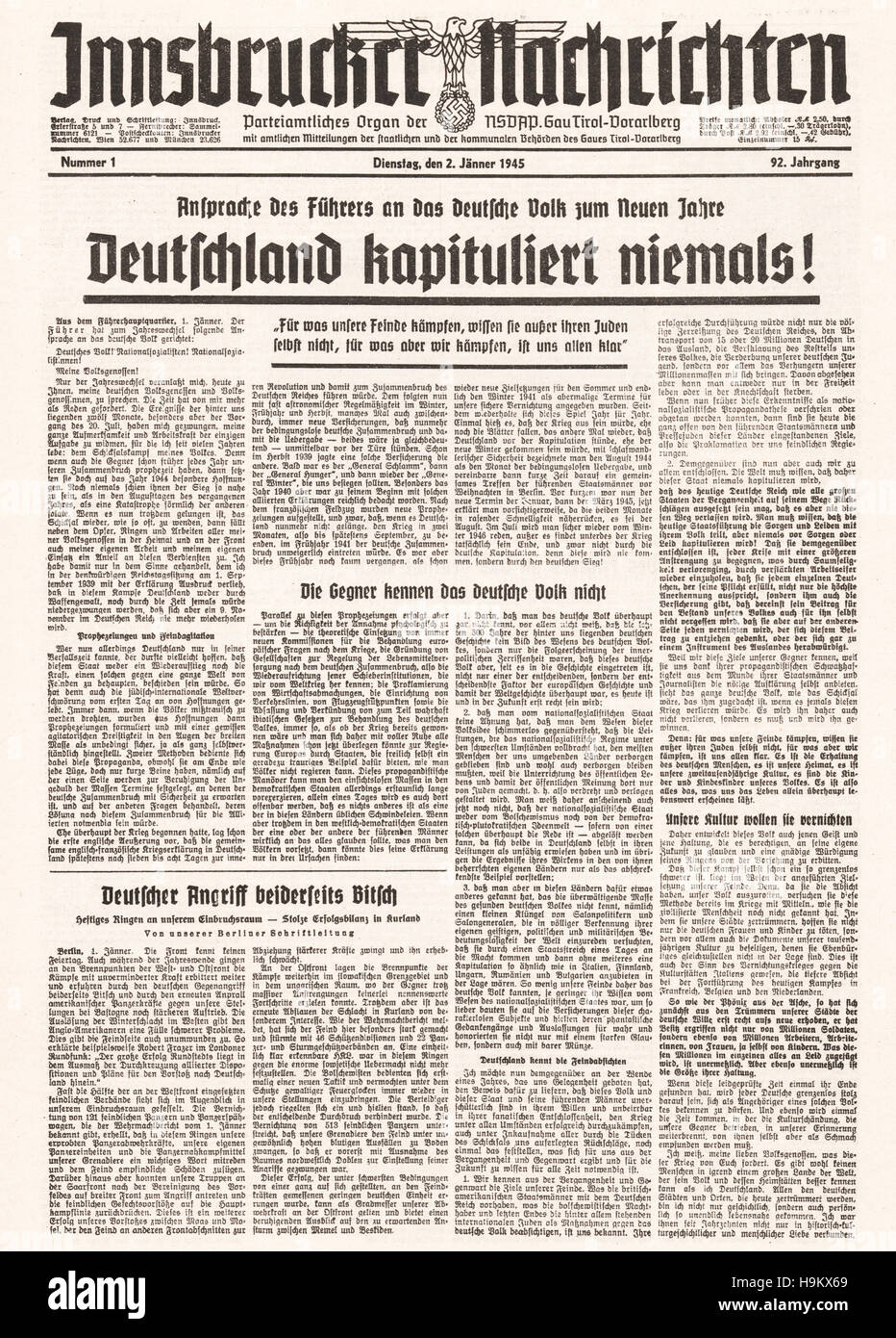 1945 "wird Innsbrucker Nachrichten (Österreich) Titelseite Deutschland niemals aufgeben" Stockfoto