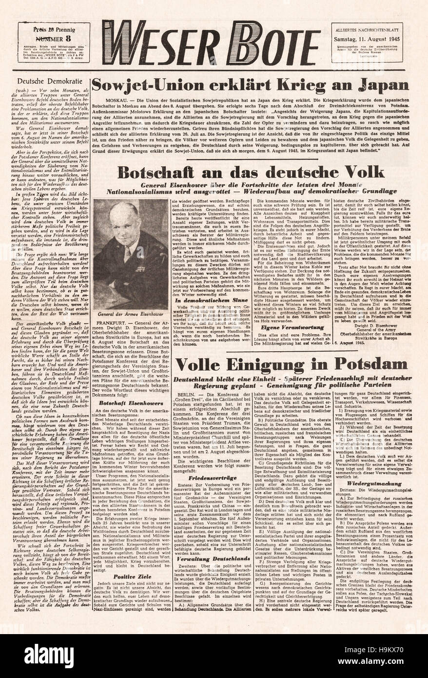 1945 Weser Bote (Deutschland) Titelseite Sowjetunion erklärt Japan den Krieg Stockfoto