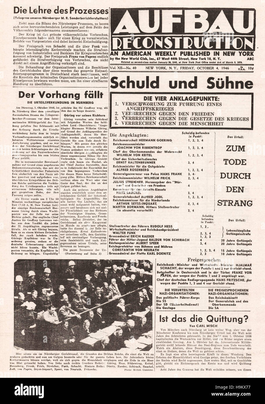 1946 Aufbau (USA) Titelseite Nazi-Führer zum Tode verurteilt Stockfoto