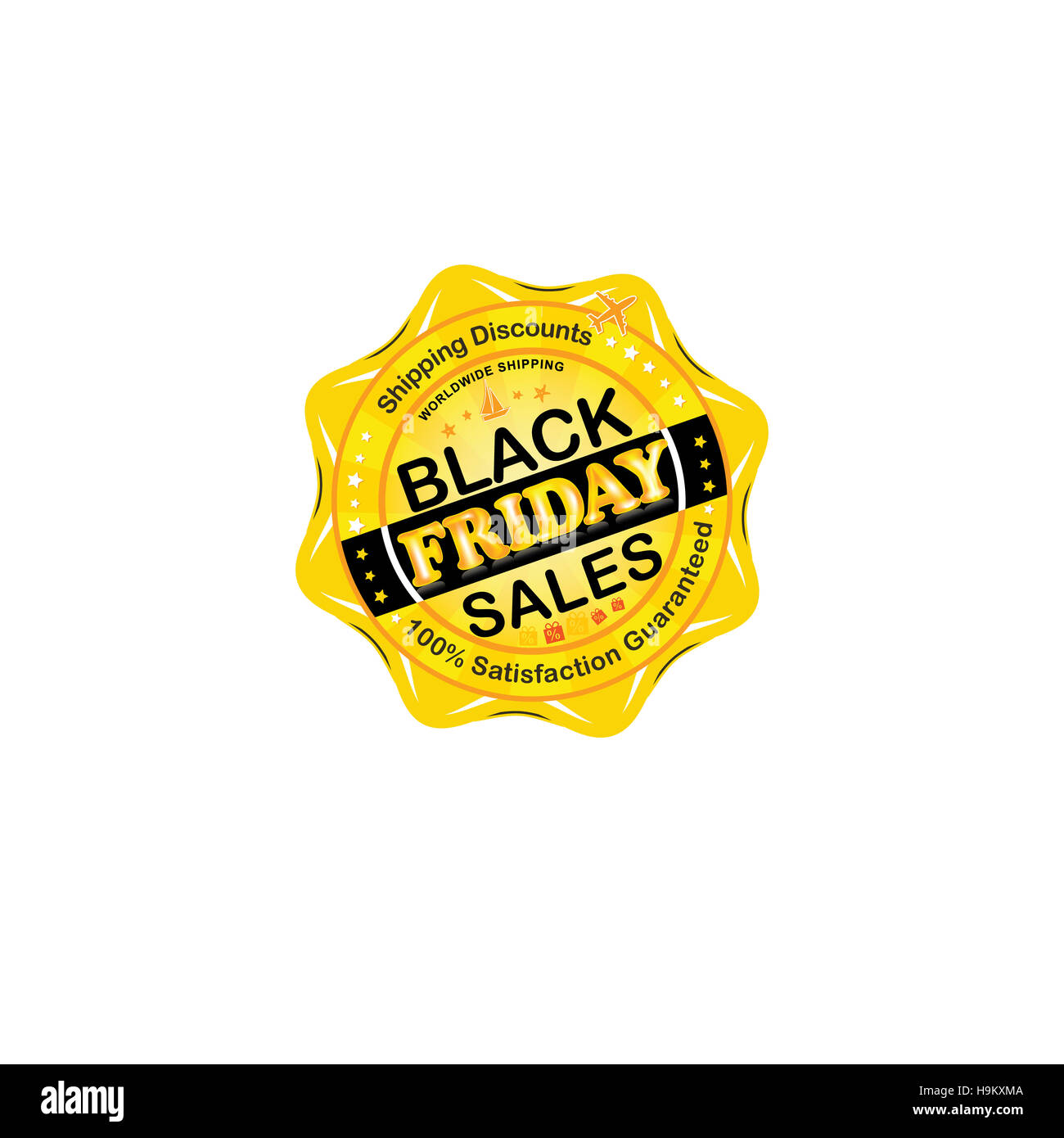 Black Friday Umsatz Stempel / Abzeichen. 100 % Zufriedenheit garantiert. Versandrabatte. Verwendeten Farben drucken Stockfoto