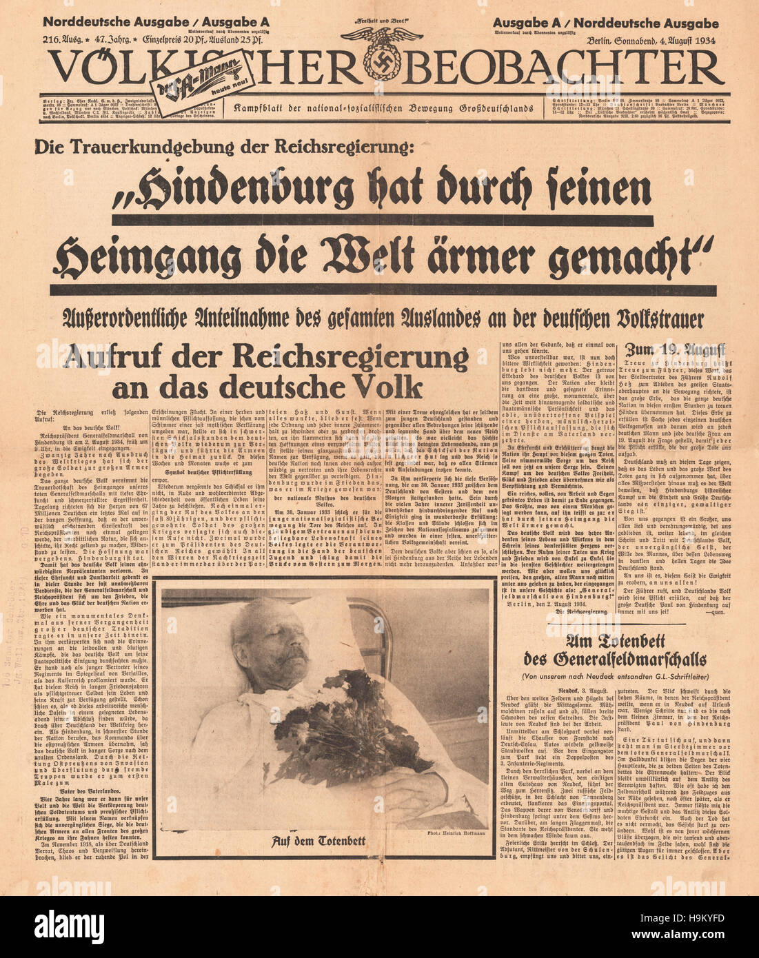 1934 Völkischer Beobachter Front Seite Tod des deutschen Präsidenten Paul von Hindenburg Stockfoto