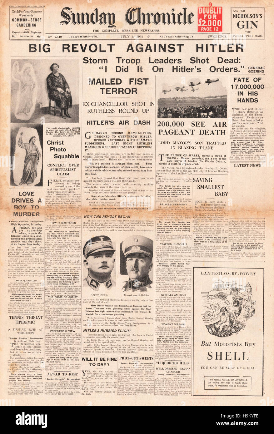 1934-Sonntag Chronik Putsch gegen Hitler und die Nacht der langen Messer Stockfoto
