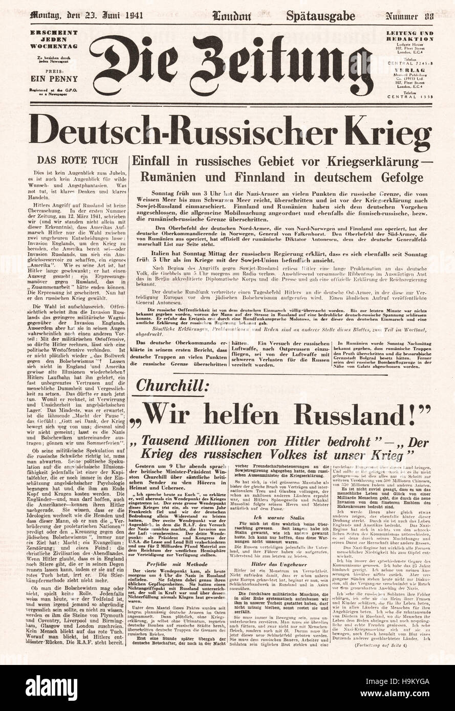 1941 die Zeitung Titelseite Nazideutschland dringt in die Sowjetunion Stockfoto