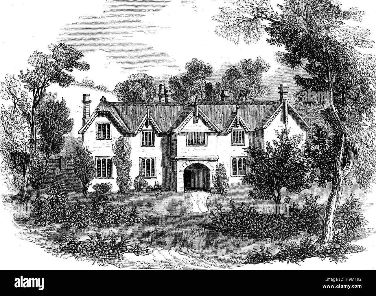 WALTER RALEIGH (1554-1618 c) Geburtshaus in Hayes Farm, in der Nähe von Exmouth, Devon. Kupferstich ca. 1860. Stockfoto WALTER RALEIGH (1554-1618 c) Geburtshaus in Hayes Farm, in der Nähe von Exmouth, Devon. Kupferstich ca. 1860. Stockfoto