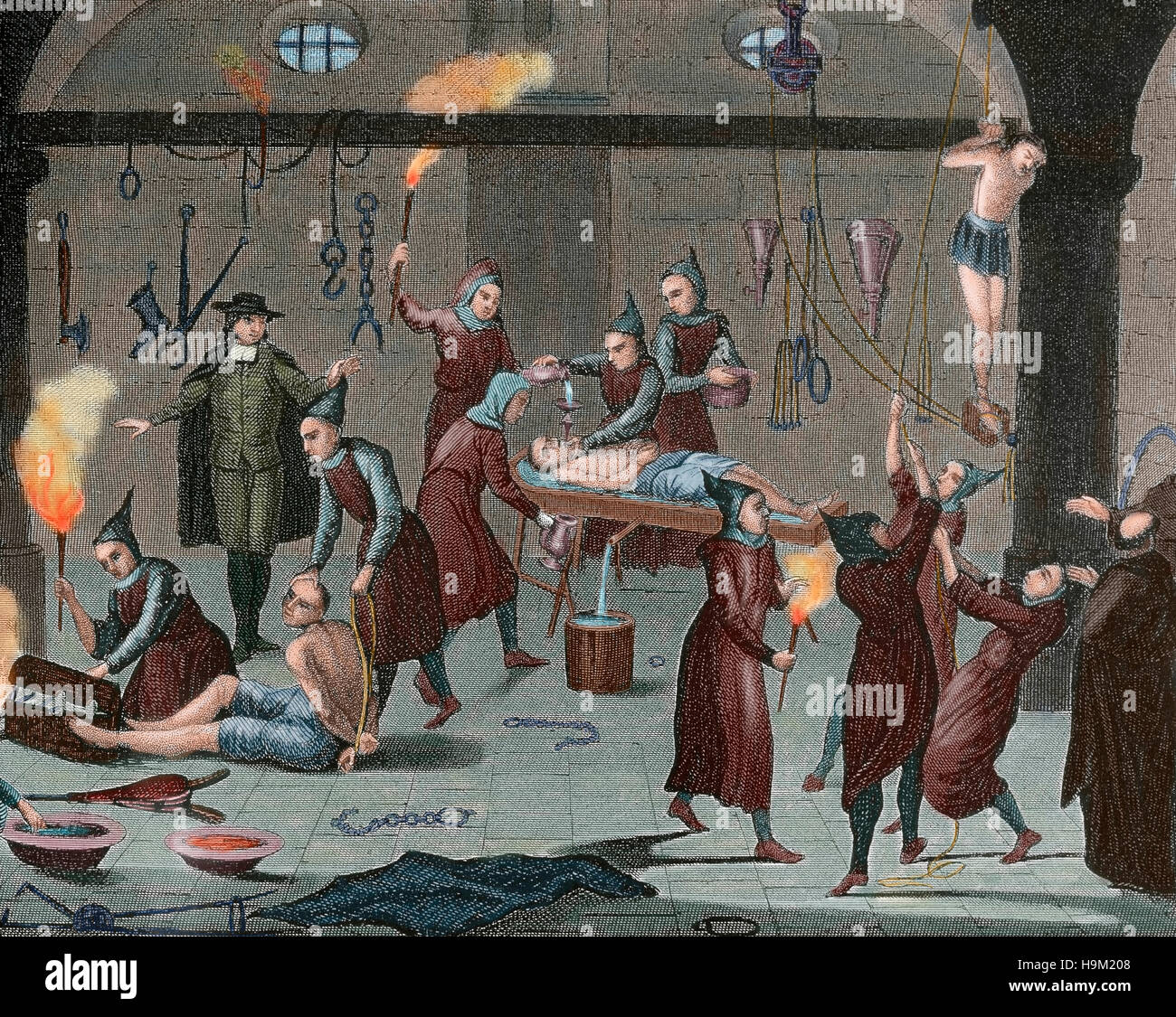 Im Mittelalter. Folterkammer. Gravur Darstellung verschiedener physischer Folter. Farbige. Stockfoto