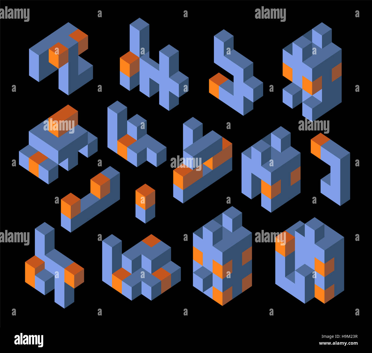 Isometrische abstrakte geometrische Design-Elemente mit farbigen Teile auf einem dunklen Hintergrund Stockfoto