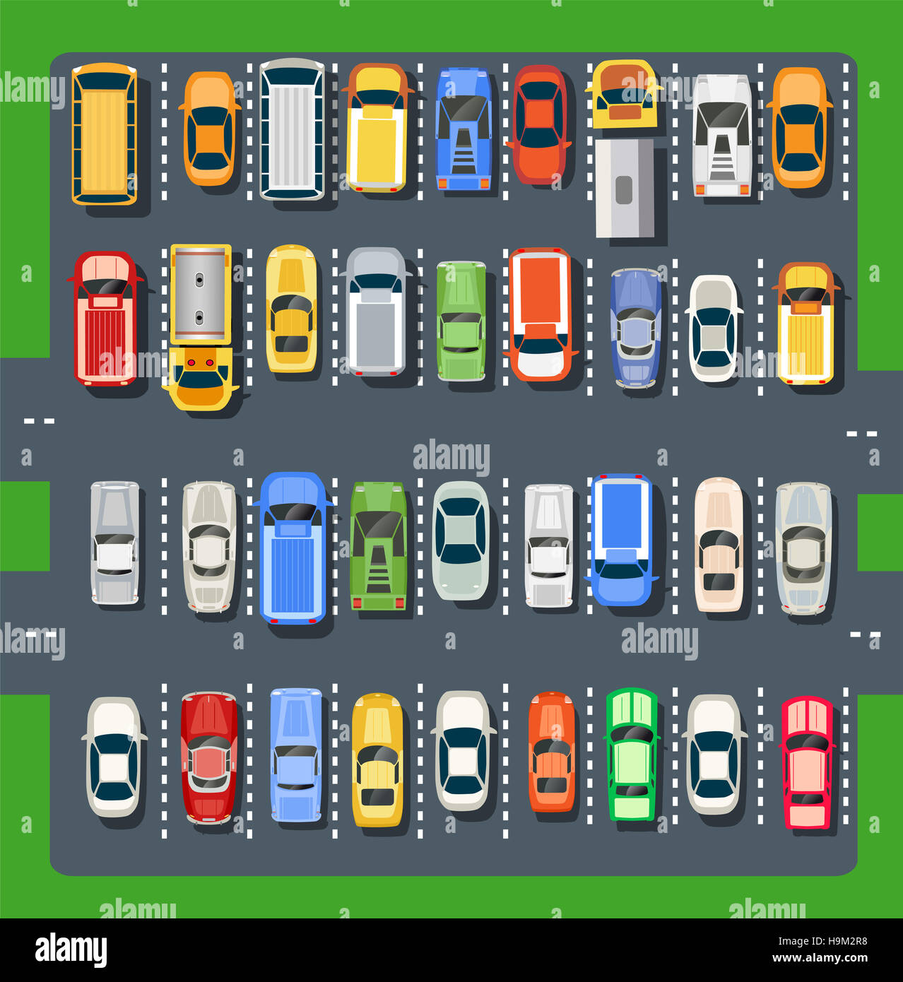 Draufsicht auf einen Parkplatz der Stadt mit einer Reihe von verschiedenen Autos Stockfoto