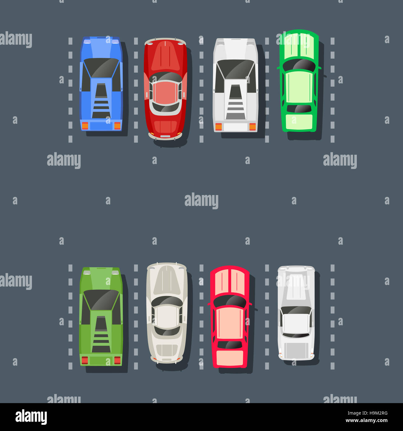 Draufsicht auf einen Parkplatz der Stadt mit einer Reihe von verschiedenen Autos Stockfoto