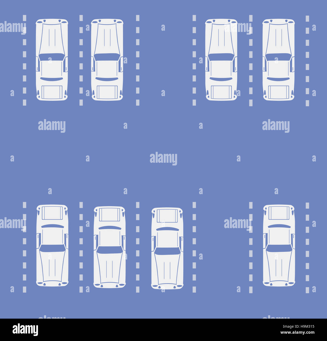 Draufsicht auf einen Parkplatz der Stadt mit einer Reihe von verschiedenen Autos Stockfoto